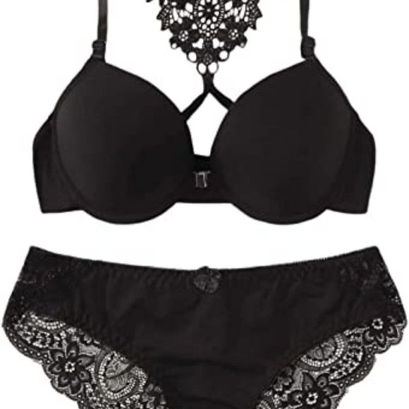WDIRARA Women's Floral Lace Mesh Scallop Lingerie Set Bra and Bow Panty - Picture 1 of 5